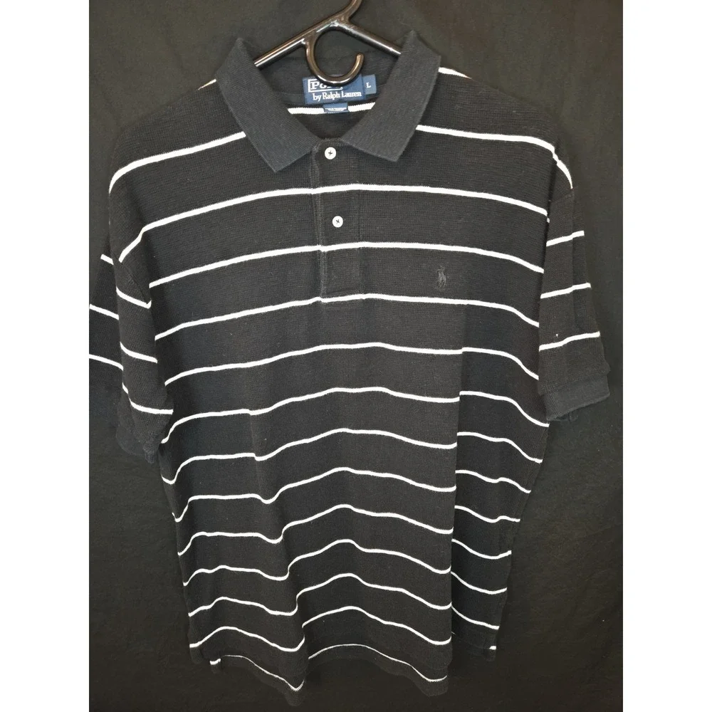 polo ralph lauren‎ 1/4 button black pony cotton knit pullover short sleeve large